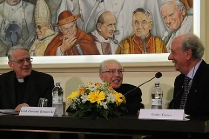 L R Fr Federico Lombardi Cardinal Giovanni Battista Re and Guido Gusso at a press conference at Radio Vaticana on April 1 2014 Credit Lucia Fiore CNA CNA 4 2 14