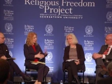 (L-R) Fr. Stephen Fields, Kristine Kalanges, Susan Brooks Thistlethwaite and Christopher Tollefsen discuss religious freedom at Georgetown Oct. 10. 