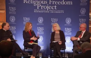 (L-R) Fr. Stephen Fields, Kristine Kalanges, Susan Brooks Thistlethwaite and Christopher Tollefsen discuss religious freedom at Georgetown Oct. 10.   Addie Mena/CNA.