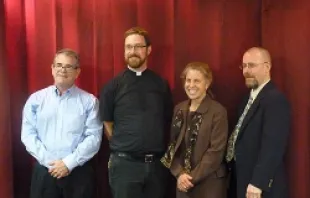(L-R) Geoff Bennett, Fr. Peter Mussett, M.J. Menendez and Dr. E. Christian Brugger took part in the panel on marijuana in Denver on July 1, 2014.   Matt Hadro/CNA.