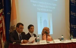 (L-R) Nagib Kasbary, Naor Bitton, and Lubna Alzaroo take part in the panel on Religious Freedom and Human Rights at CUA on Sept 9, 2013. ?w=200&h=150