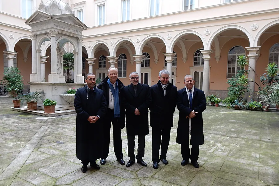 (L-R) Tareq Oubrou, Bishop Michel Dubost of Evry-Corbeil-Essonnes, Djelloul Seddiki, Fr. Christophe Roucou, and Mohammed Moussaoui in Rome, Jan. 8, 2015. ?w=200&h=150