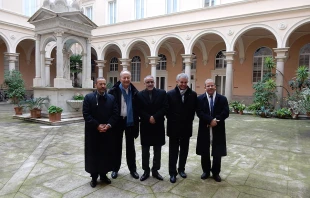 (L-R) Tareq Oubrou, Bishop Michel Dubost of Evry-Corbeil-Essonnes, Djelloul Seddiki, Fr. Christophe Roucou, and Mohammed Moussaoui in Rome, Jan. 8, 2015.   Andrea Gagliarducci/CNA.