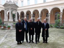 (L-R) Tareq Oubrou, Bishop Michel Dubost of Evry-Corbeil-Essonnes, Djelloul Seddiki, Fr. Christophe Roucou, and Mohammed Moussaoui in Rome, Jan. 8, 2015. 