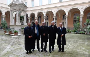 (L-R) Tareq Oubrou, Bishop Michel Dubost of Evry-Corbeil-Essonnes, Djelloul Seddiki, Fr. Christophe Roucou, and Mohammed Moussaoui in Rome, Jan. 8, 2015.   Andrea Gagliarducci/CNA.