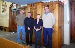 (L-R) Timothy Conlon, Fr. Janusz Kukulka, Lisa Knott and her husband Patrick, stand in front of the refurbished confessional. ?w=200&h=150