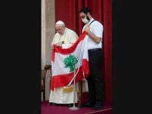 Pope Francis with Lebanese priest Fr. Georges Breidi at his general audience Sept. 2, 2020. Photo 