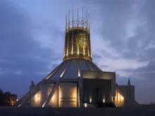 The Metropolitan Cathedral of Christ the King in Liverpool at dusk. 