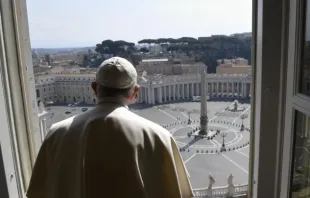 Pope Francis looks out at an empty St. Peter's Square.   Vatican Media.