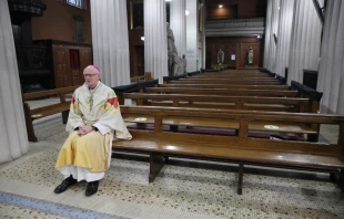 Archbishop Dermot Farrell prays in St. Mary’s Pro-Cathedral, Dublin, Ireland, on Feb. 2, 2021. John McElroy.