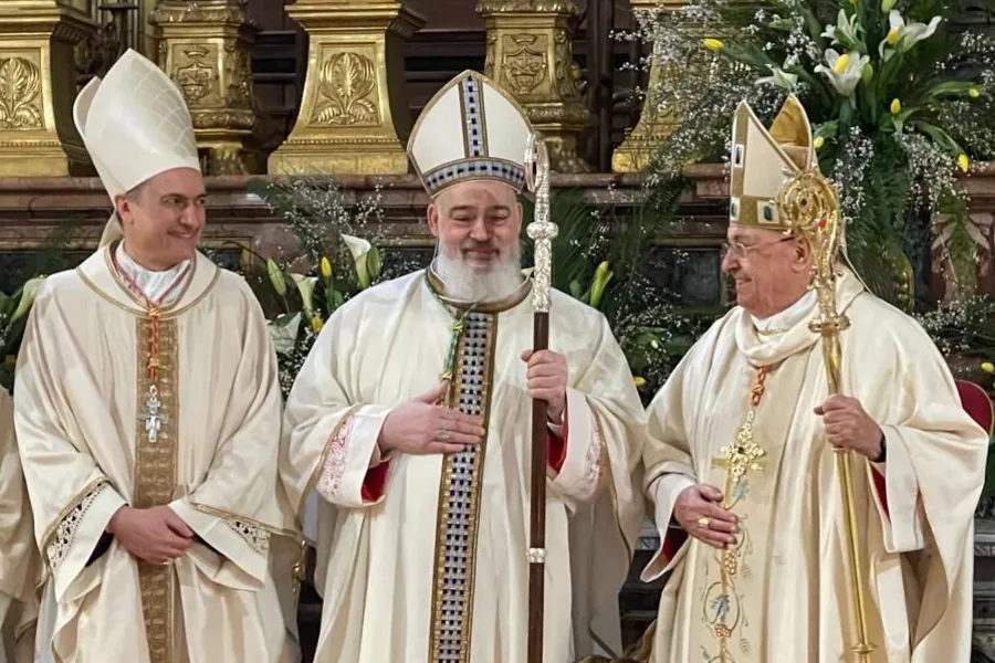 Archbishop Dominique Mathieu (center) after his consecration as archbishop of Tehran-Isfahan, Iran, in Rome’s Basilica of the Twelve Apostles. Credit: Vatican Congregation for the Oriental Churches.?w=200&h=150