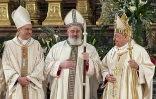 Archbishop Dominique Mathieu (center) after his consecration as archbishop of Tehran-Isfahan, Iran, in Rome’s Basilica of the Twelve Apostles. Credit: Vatican Congregation for the Oriental Churches.