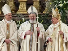 Archbishop Dominique Mathieu (center) after his consecration as archbishop of Tehran-Isfahan, Iran, in Rome’s Basilica of the Twelve Apostles. Credit: Vatican Congregation for the Oriental Churches.