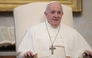 Pope Francis gives a general audience address in the library of the Apostolic Palace Feb. 3, 2021. Credit: Vatican Media.