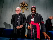 Bishop Andrew Nkea Fuanya and Cardinal Reinhard Marx at a Vatican press briefing, Oct. 24, 2018. 