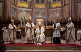 Franciscan friar Mauro Gambetti is consecrated a bishop in the Basilica of St. Francis of Assisi Nov. 22, 2020.   Press office of the Basilica of St. Francis of Assisi.