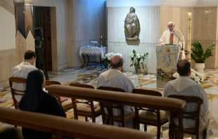 Pope Francis celebrates morning Mass at the Casa Santa Marta April 27, 2020.   Vatican Media.