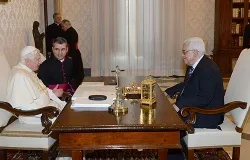 In this handout image supplied by the office of the Palestinian President, Pres. Mahmoud Abbas meets with Pope Benedict XVI in the Vatican on Dec. 17, 2012. ?w=200&h=150
