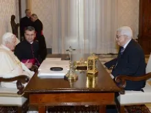 In this handout image supplied by the office of the Palestinian President, Pres. Mahmoud Abbas meets with Pope Benedict XVI in the Vatican on Dec. 17, 2012. 