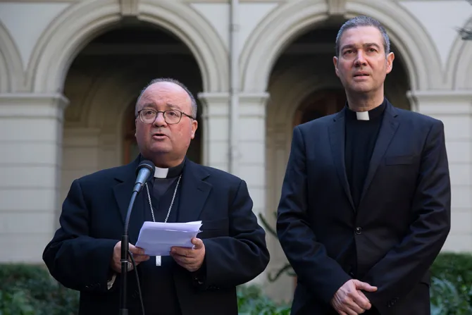 Maltese archbishop Charles Scicluna L and fellow papal envoy Jordi Bertomeu give a press conference at the Catholic University of Chile in Santiago on June 13 2018 Credit CLAUDIO REYES AFP Getty Images