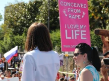 Mary Rathke (R) speaks at Rome's March for Life, May 10, 2015. 