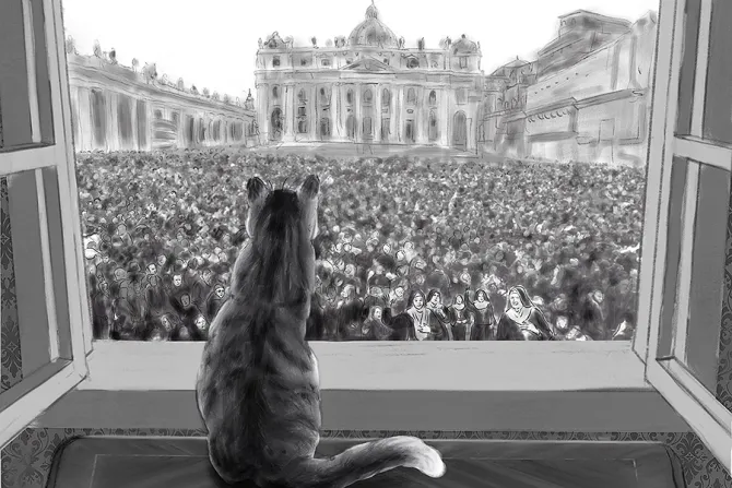 Margaret looking out on the Square from The Popes Cat Illustration by Roy Deleon courtesy of Paraclete Press CNA