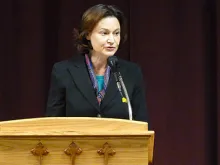 Mary Eberstadt speaks at Bonfils hall in Denver, Feb 11, 2013. 
