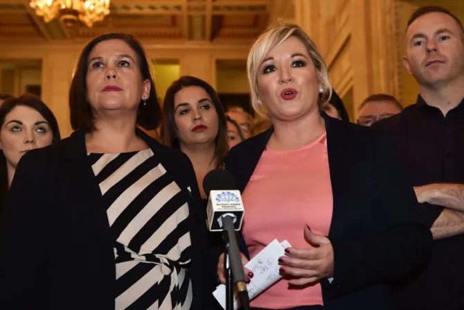 Mary Lou McDonald Leader of Sinn Fein L and Michelle ONeill Vice President of Sinn Fein R speak after a meeting of the Stormont Assembly Oct 21 2019 Credit Charles McQuillan Getty Ima