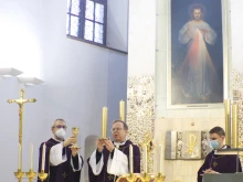 Archbishop Gintaras Grušas celebrates Mass at the Sanctuary of the Divine Mercy in Vilnius, Lithuania.