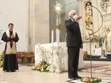 Italian President Sergio Mattarella lights a candle for peace in Loreto Sept. 8, 2020. 