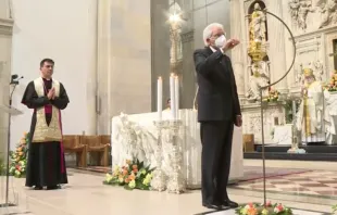 Italian President Sergio Mattarella lights a candle for peace in Loreto Sept. 8, 2020.   Vatican Media/CNA.