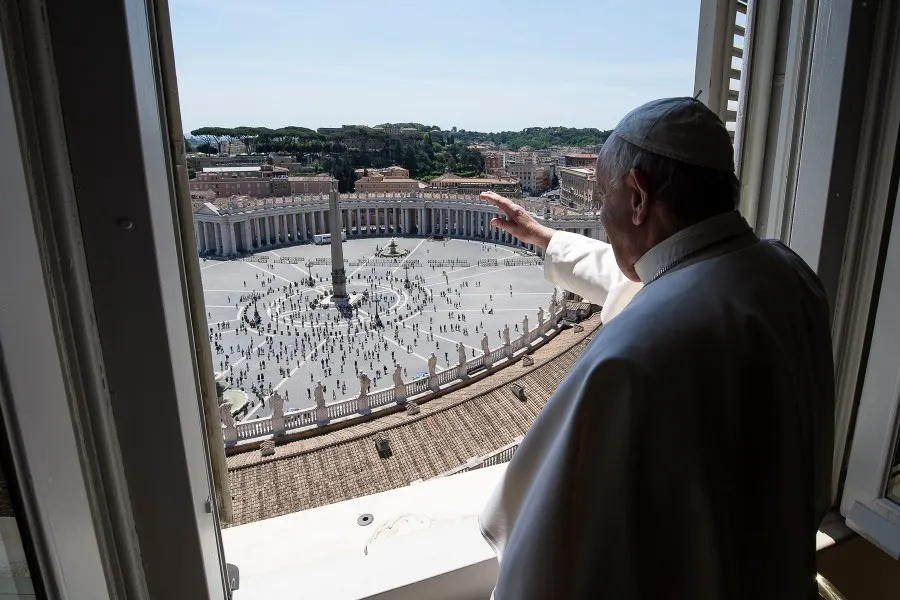 Pope Francis imparts a blessing from the window of the Apostolic Palace on May 24, 2020. ?w=200&h=150