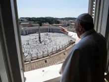 Pope Francis imparts a blessing from the window of the Apostolic Palace on May 24, 2020. 