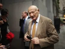 Former New York Mayor Ed Koch exits a morning breakfast where Mayor Michael Bloomberg discussed the growth of lower Manhattan. 