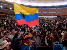 Members of the indigenous community gather at the House of Culture in Quito, Oct. 10, 2019 as Ecuador faces protests over a fuel price hike. 