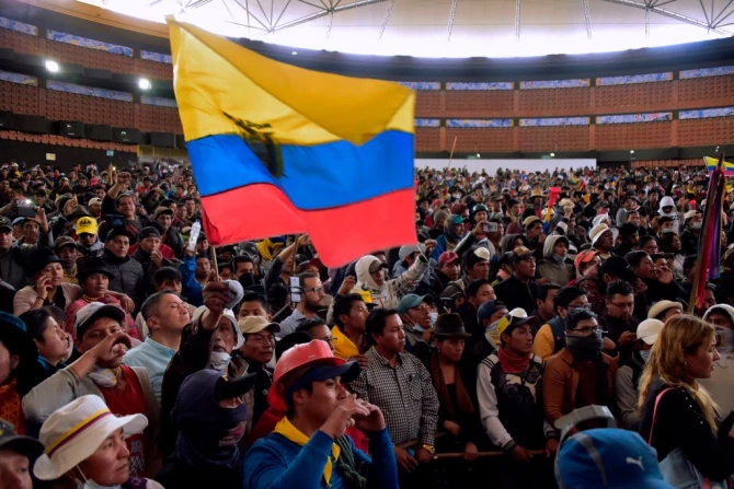 Members of the indigenous community gather at the House of Culture in Quito Oct 10 2019 as Ecuador faces protests over a fuel price hike ordered by the government to secure an IMF loan Credit Rodrigo Buendia AFP