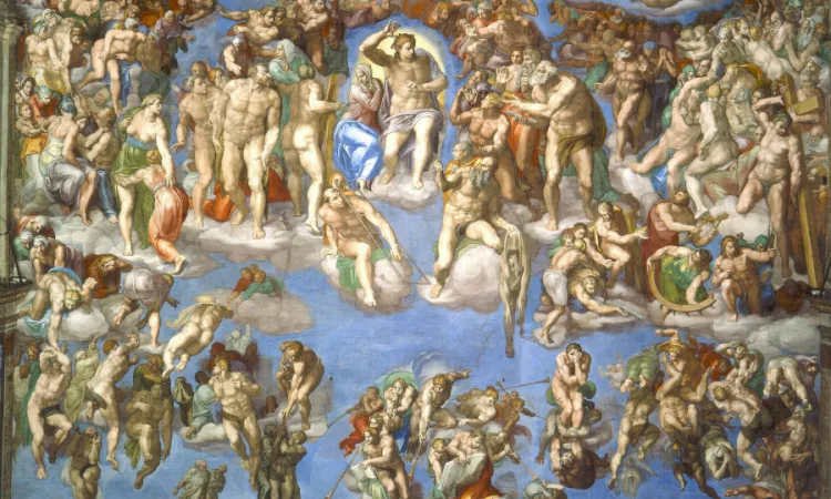 Michelangelos fresco of the Last Judgement inside of the Sistine Chapel detail