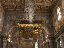 Rose petals fall in St. Mary Major Basilica Aug. 5, 2017 to commemorate the "miracle of the snow." 