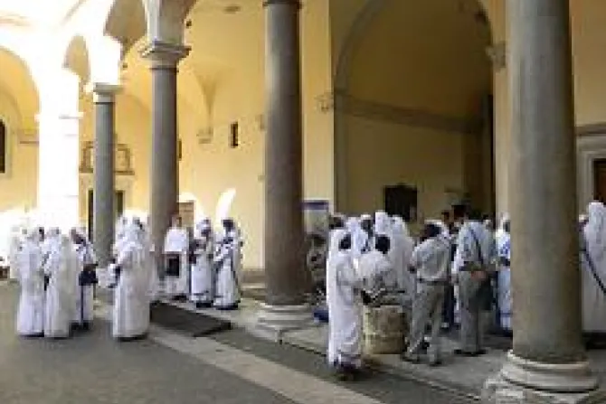 Missionaries of Charity sisters and brothers in the courtyard outside San Lorenzo in Damaso Church