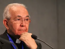 Mons. Jesus Delgado, late San Salvador Archbishop Romero's secretary, speaks to reporters at the Vatican Press Office, Feb. 4, 2015. 