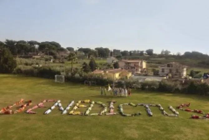 More than 100 students send a message to Pope Benedict as he flew overhead in a helicoptor to Castel Gondolfo Credit University of Dallas CNA 2 28 13