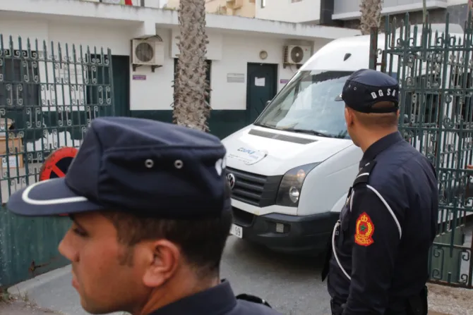 Moroccan security forces stand guard as a van leaves the court following Hajar Raissounis sentencing for an abortion in Rabat Sept 30 2019 Credit   AFP Getty Images
