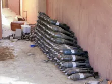 Mortars left by Islamic State fighters before a house in Qaraqosh, Iraq, November 2016. 