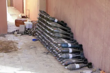 Mortars left by Islamic State fighters in front of a house in Qaraqosh Iraq November 2016 Credit Jaco Klamer ACN