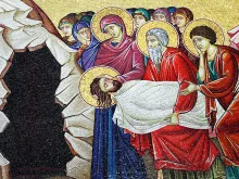 A mosaic of the entombment of Christ at the Church of the Holy Sepulchre in Jerusalem. 