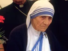 Mother Teresa of Calcutta circa 1986 at a public pro-life meeting in Bonn, Germany. 