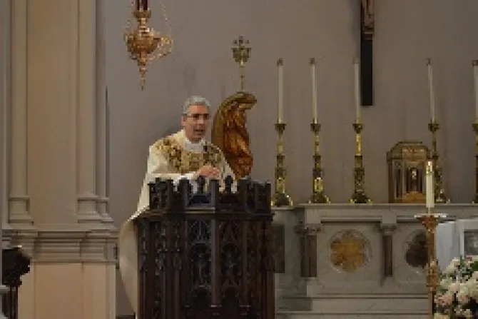 Msgr Edward Filardi pastor of Our Lady of Lourdes Catholic Church in Bethesda Md gives the homily for the Mass for Marriage June 19 2014 Credit Addie Mena CNA CNA