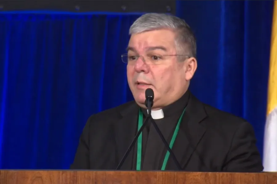 Msgr Walter Erbi, chargé d'affaires at the apostolic nunciature in Washington, delivers the remarks of Archbishop Christophe Pierre to the USCCB Spring General Assembly in Baltimore, June 11, 2019.?w=200&h=150