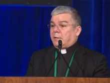 Msgr Walter Erbi, chargé d'affaires at the apostolic nunciature in Washington, delivers the remarks of Archbishop Christophe Pierre to the USCCB Spring General Assembly in Baltimore, June 11, 2019.