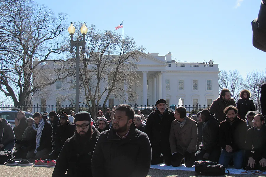 Muslims pray outside the White House for the Chapel Hill shooting victims, Feb. 13, 2015. ?w=200&h=150